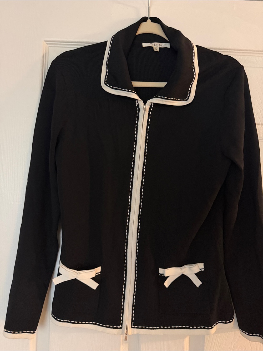 Vertigo Paris women's black cardigan with white trim and bows size L